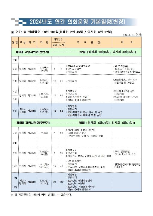 '2024년 연간 의회운영 기본일정(변경)' 게시글의 사진(1) '★2024년도 연간 의회운영 기본일정 변경(2024.4월 현재)001'